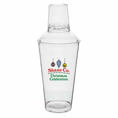 Acrylic clear cocktail shaker with custom full-color logo in 16 ounces.