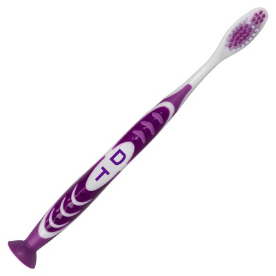 Purple plastic toothbrush with a branded logo.