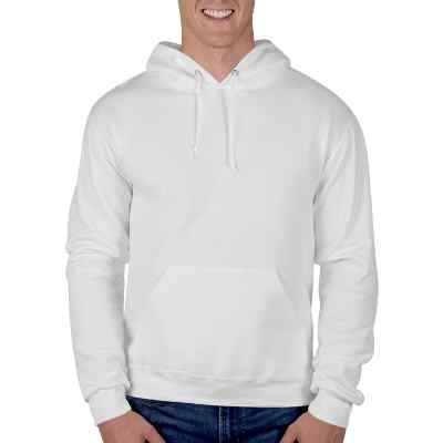 Blank white fleece hooded sweatshirt.