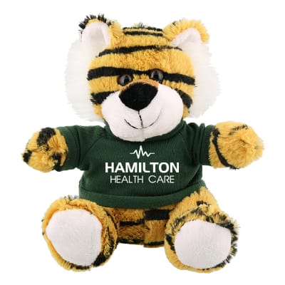 Plush and cotton tiger with forest green shirt with custom logo.