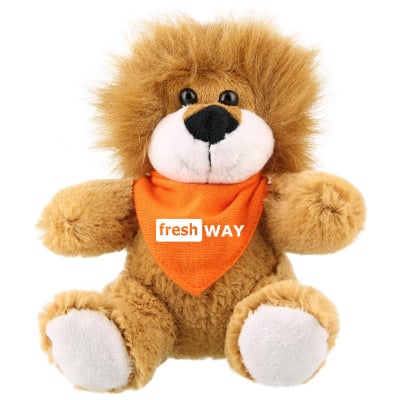 Plush and cotton lion with orange bandana with personalized logo.