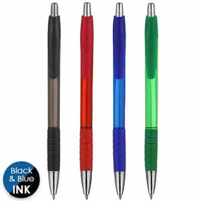Translucent colorful pen with chrome trim.
