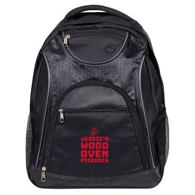 Black backpack with custom logo.