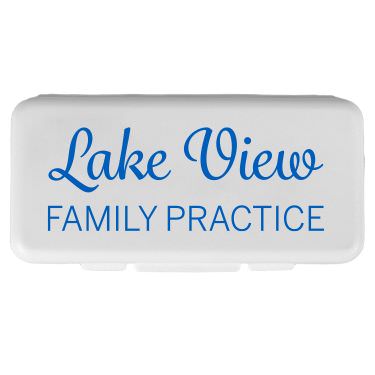 Plastic white pill box with a personalized logo.