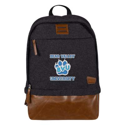 Wool polyester blend charcoal backpack with embroidered logo.