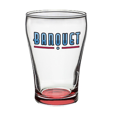 Red beer glass with full color logo.