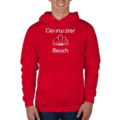 Personalized red hooded sweatshirt with logo.