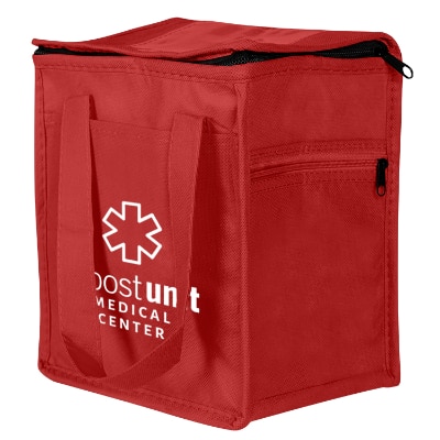 Red non-woven polypropylene cooler bag with custom logo.