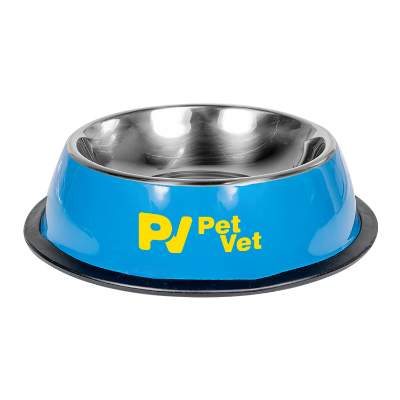 Blue stainless steel pet bowl with promotional logo.