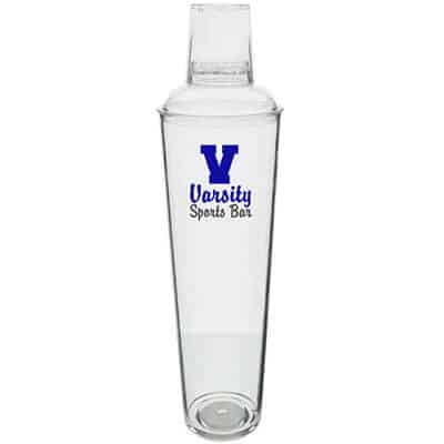 Acrylic clear cocktail shaker with custom full-color logo in 32 ounces.