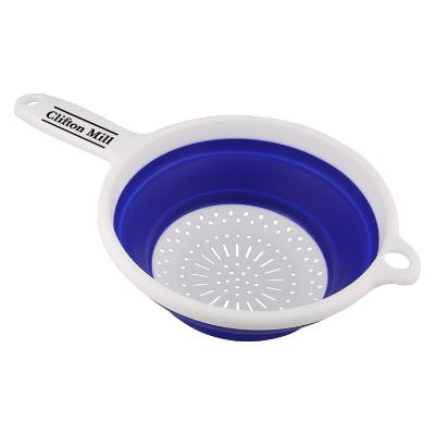 Blue collapse-n-silicone strainer with promotional printed logo.