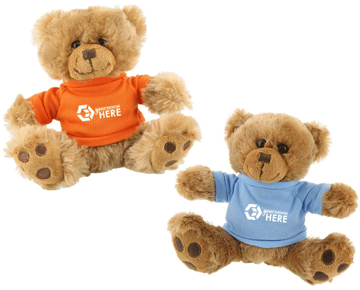 Custom teddy Bears with orange shirt with white imprint and promotional teddy bears with blue shirt and white imprint