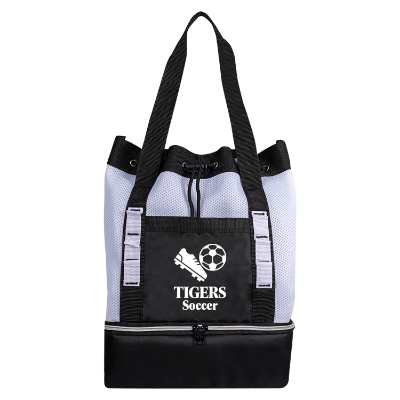 White tote bag cooler with custom logo.