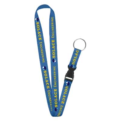 3/4 inch satin polyester full-color custom imprint lanyard with silver key ring and buckle release.