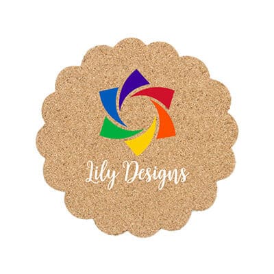Cork 4 inches flower coaster with full color brand.
