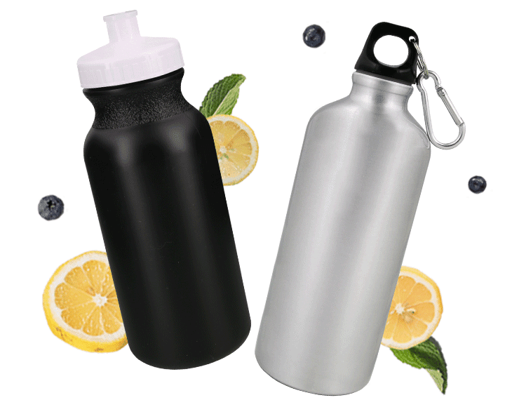 Black blank water bottles with white lid and silver aluminum water bottles in bulk