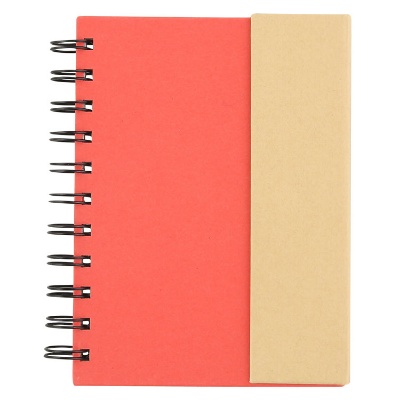 Paper red small spiral notebook with sticky notes blank.