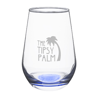 Blue wine glass with engraved logo.