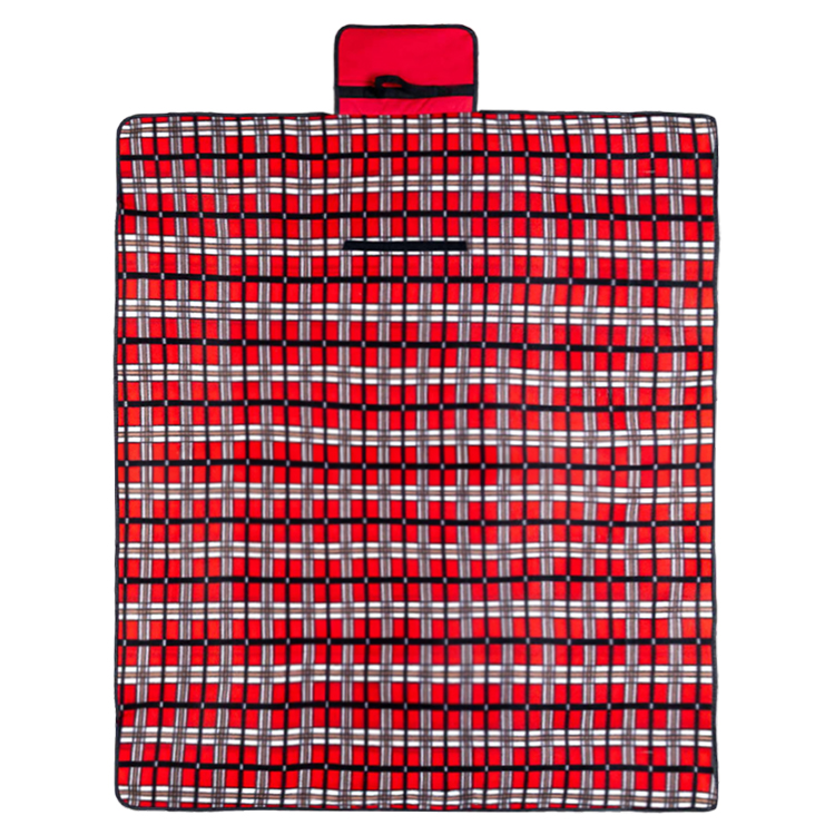 Plaid polyester water-resistant picnic blanket with a velcro closure, flap with front pocket.