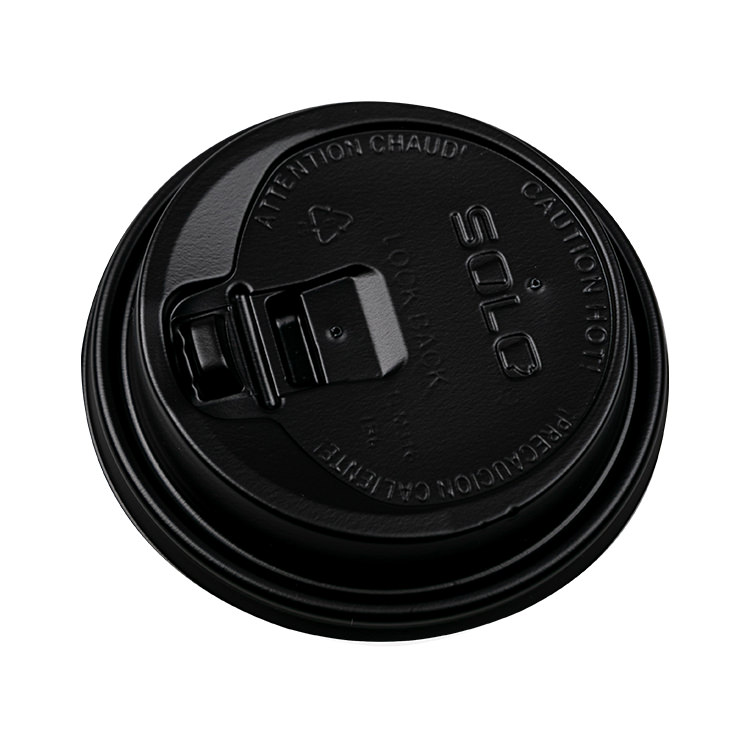 Plastic black recloseable sipper lid for paper cups.