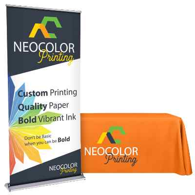 Custom polyester table cover, 36"W x 83"H inch custom banner stand banner stand package.