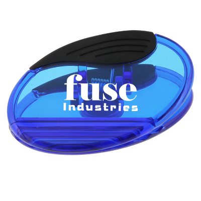 Plastic translucent blue oval magnet chip clip logoed.
