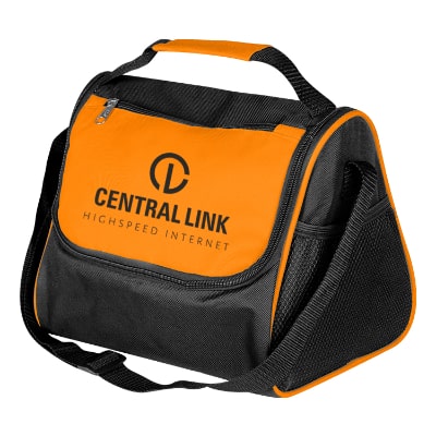 Orange polyester with PEVA lining triangle lunch bag with custom imprint.