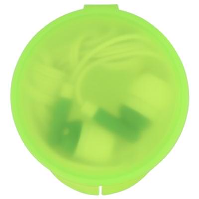 Blank lime green plastic case with ear buds.