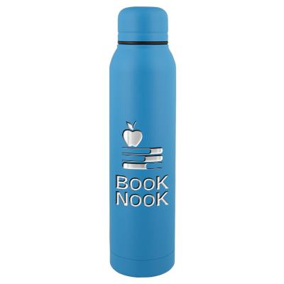 Matte aqua stainless bottle with engraved imprint.