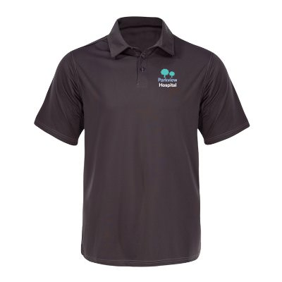 Charcoal polo with personalized full color logo.