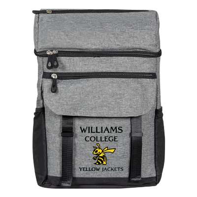 Gray backpack cooler with full-color logo.