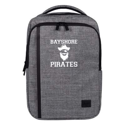Polycanvas heather gray backpack with custom logo.