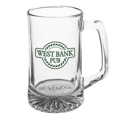 Clear beer mug with custom logo.
