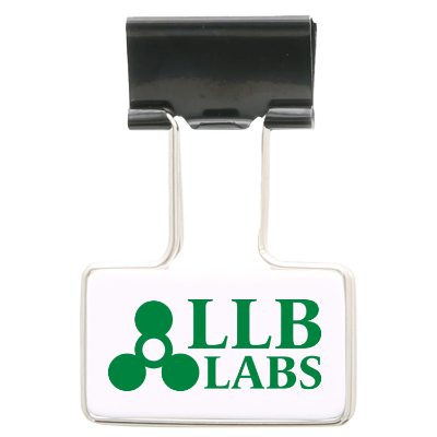White plastic and metal billboard binder clip with customized promotional logo.