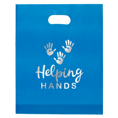 Plastic blue frosted foil stamped die cut bag with logo.