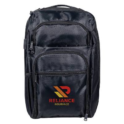 Black laptop backpack with embroidered logo.