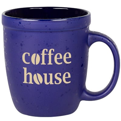 Ceramic cobalt blue coffee mug with c-handle and custom print in 12 ounces.
