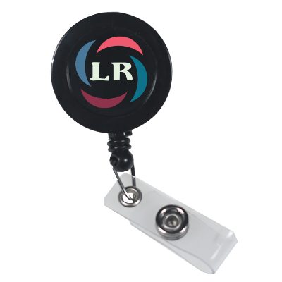 Black domed round styrene retractable badge holder with full color promotional imprint.
