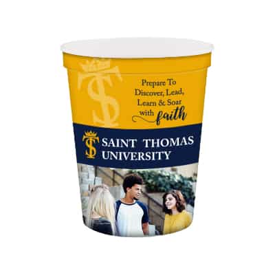 Plastic white stadium cup with full-color wrap imprint in 16 ounces.