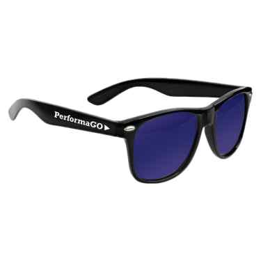 Polycarbonate blue color sensation mirrored malibu sunglasses with promotional imprint.