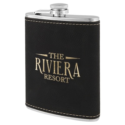 Black flask with custom gold engraved logo in 8 ounces.