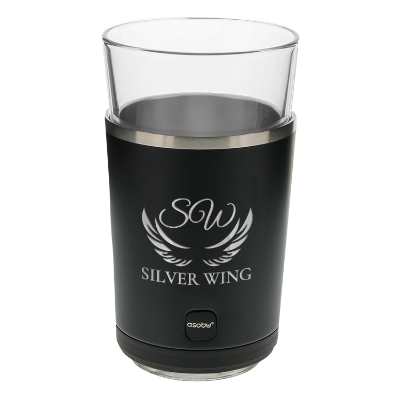 Stainless black pint glass cooler with custom engraved logo.