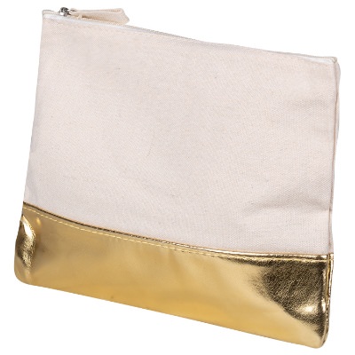 Cotton canvas gold metallic accent cosmetic bag blank.