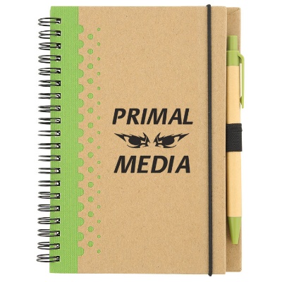 Green cardboard mini notebook with pen and logo.