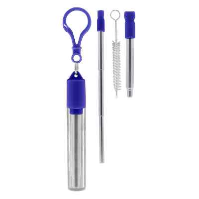 Blank blue stainless steel straw with travel case.