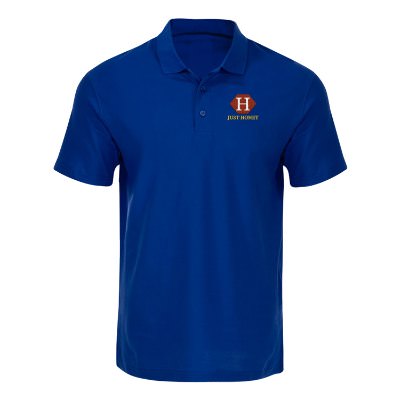 Royal blue men's polo with custom embroidered logo.