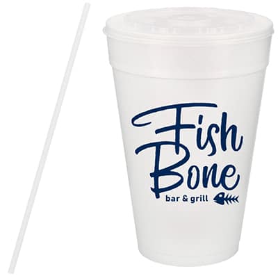 Styrofoam white foam cup with lid and straw and custom imprint in 32 ounces.