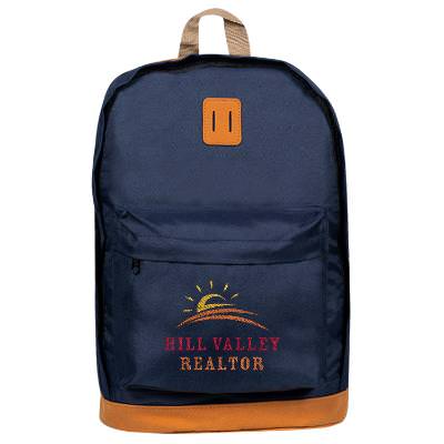 Navy backpack with embroidered logo.