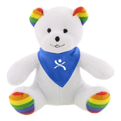 Plush and cotton rainbow bear with royal blue bandana with custom logo.